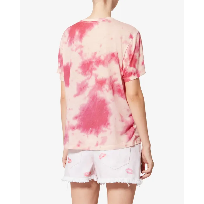 T-Shirt droit à manches courtes Zewel en coton motif tie and dye rose nuage, logo blanc « Marant » imprimé devant, porté de dos.