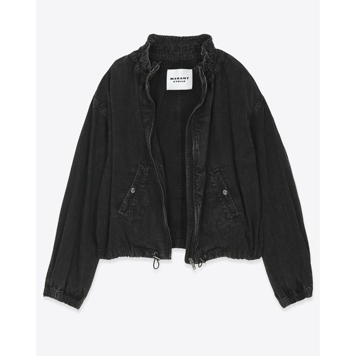Veste courte Plume Isabel Marant Etoile en chambray noir délavé. Vue de face ouverte.