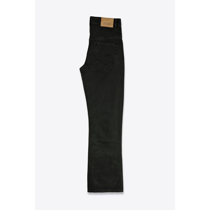 Jean Belvia Isabel Marant en denim noir lavé coupe bootcut taille haute avec doubles passants et poches signature vue de profil.