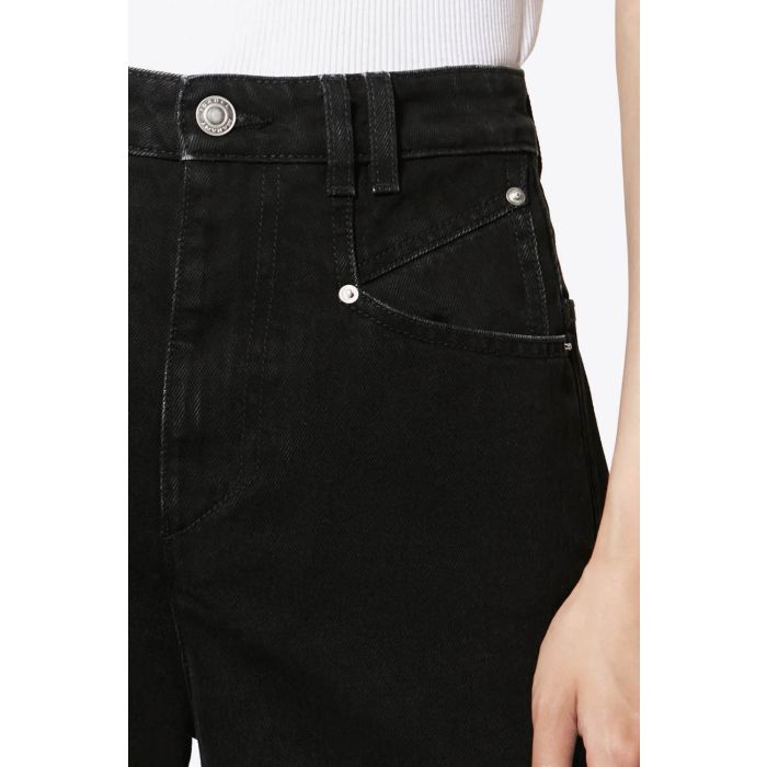 Jean Lemony Isabel Marant en denim noir, coupe ample taille haute à jambes très larges. Détail de la poche avant et des doubles passants.