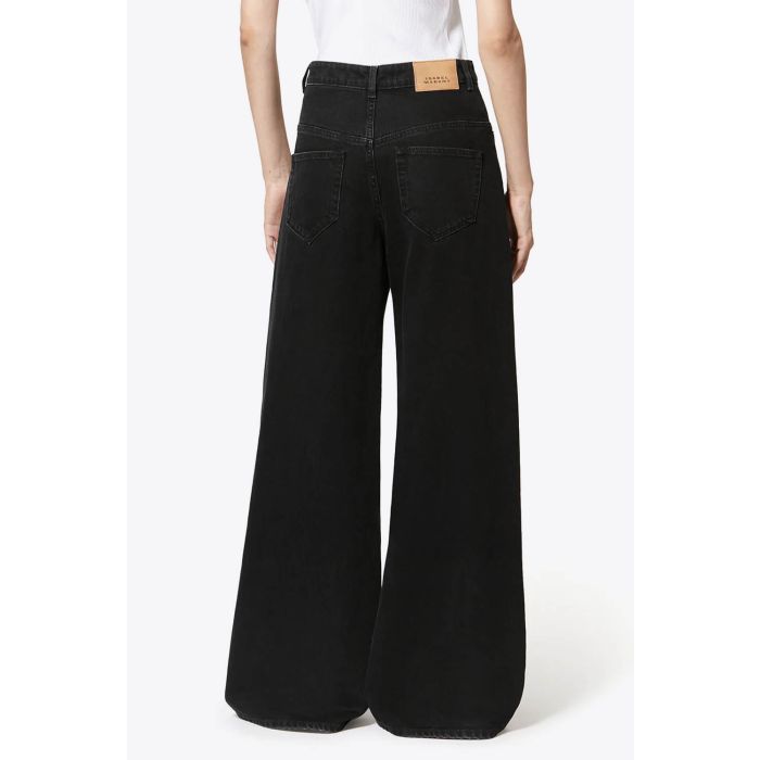 Jean Lemony Isabel Marant en denim noir, coupe ample taille haute à jambes très larges porté de dos.