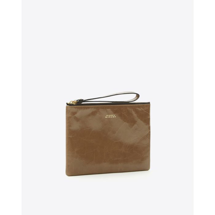 Pochette avec anse porté main en cuir glacé kaki foncé Mino Isabel Marant. Profil.