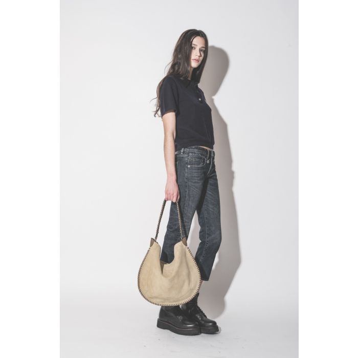 Polo Althea Isabel Marant en coton et laine bleu nuit, porté de profil.