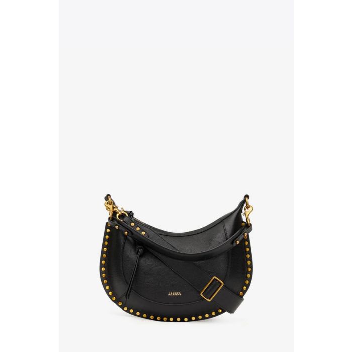 Sac Naoko Isabel Marant en cuir grainé noir. Vue de face. Détail de l’anse et de la bandoulière longue. 