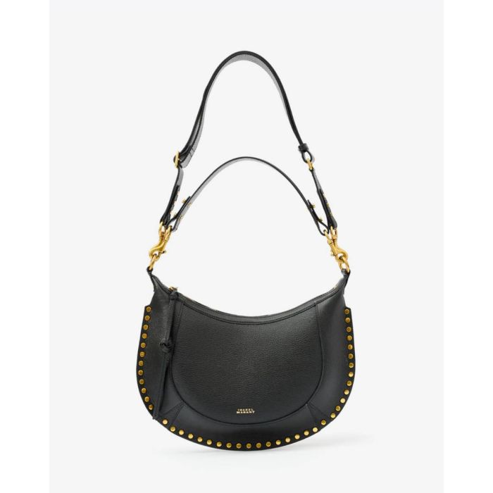 Sac Naoko Isabel Marant en cuir grainé noir. Vue de face. Détail de l'anse et de la bandoulière amovibles et réglables.