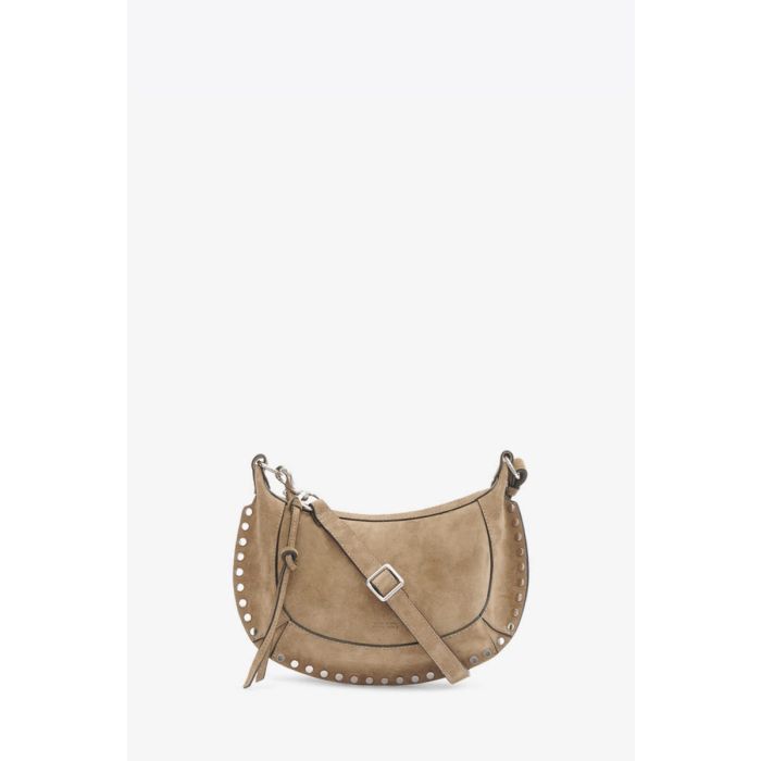 Sac Oskan Moon Isabel Marant en cuir suédé taupe clous argent. Détail de la métallerie argentée. 