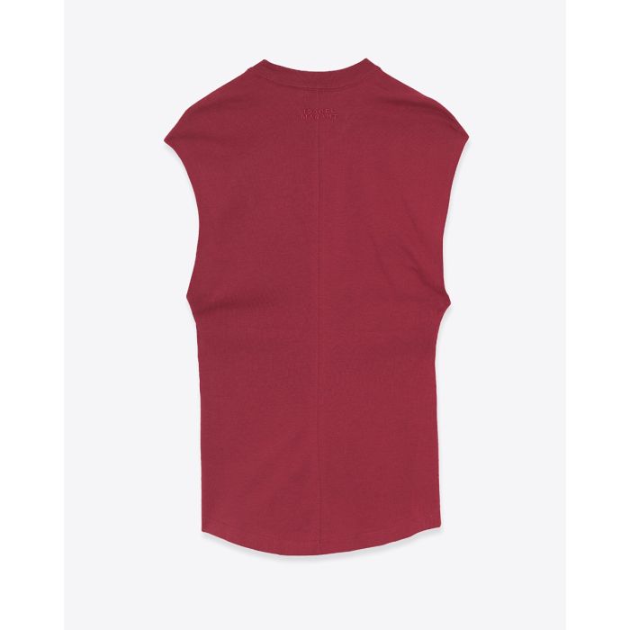 T-shirt sans manches noué sur le devant Nayda Isabel Marant en coton cerise. Vue de dos. Détail du logo brodé ton sur ton « Isabel Marant » dans le haut du dos. 