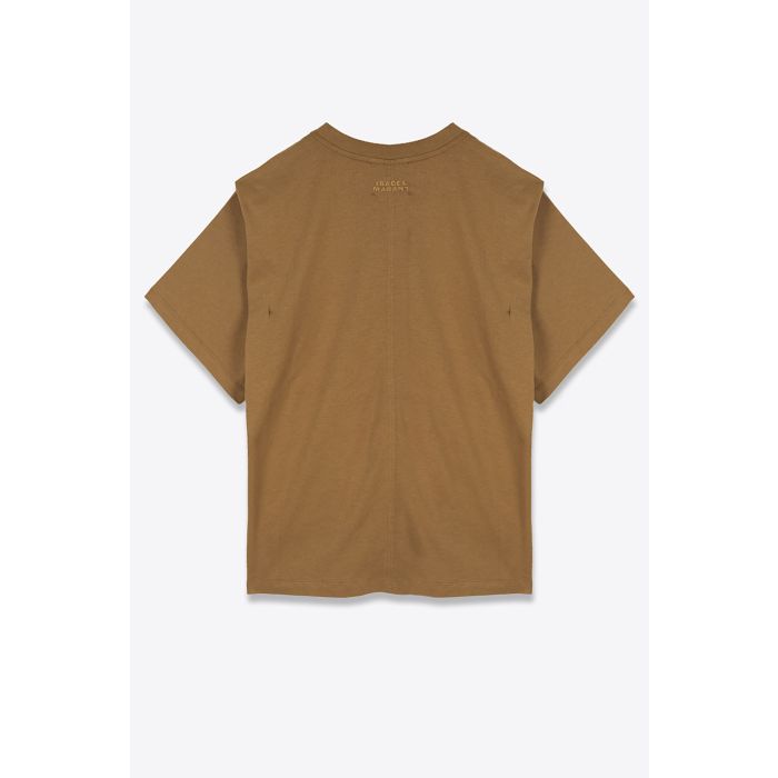 Tee-shirt Zelitos Isabel Marant en coton caramel vue de dos. Détail du logo brodé « ISABEL MARANT » dans le dos.