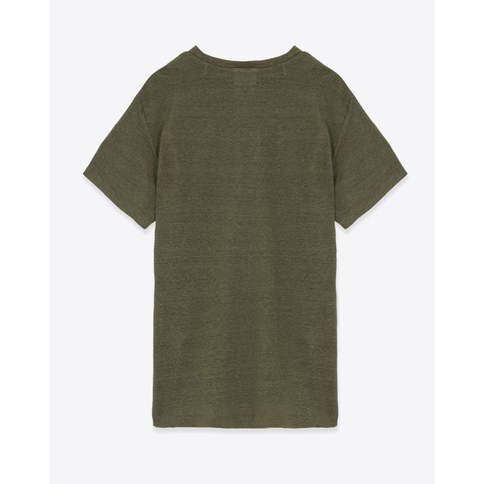 T-shirt droit à manches courtes Zewel Isabel Marant Etoile en lin kaki, logo lamé rose sur le devant. Vue de dos.