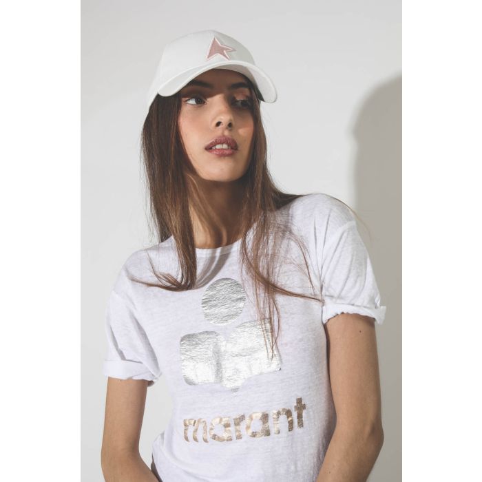 Tee-shirt en lin blanc logo argent et doré Koldi Isabel Marant Etoile. Gros plan. 