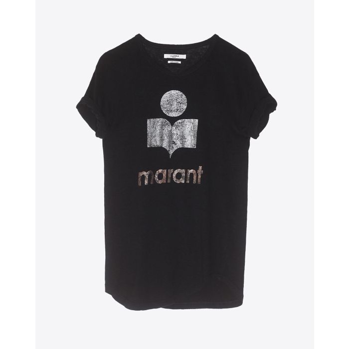 Tee-shirt en lin noir logo argent et mordoré Koldi Isabel Marant Etoile.