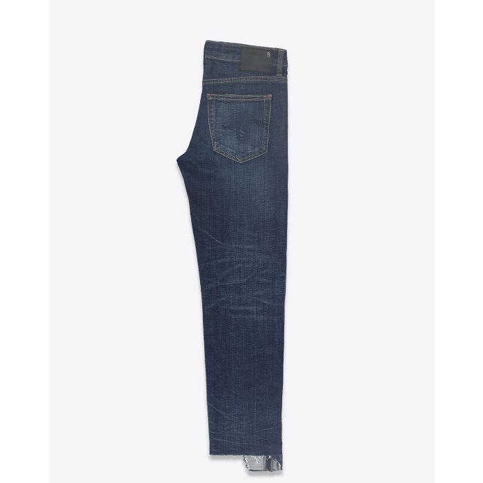 Jeans taille basse jambe droite ourlet déchiré Boy Straight délavage bleu Howell Indigo R13 Denim. Profil.