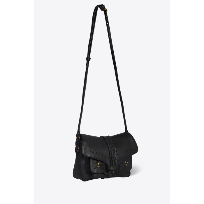 Sac Harry S Jérôme Dreyfuss en cuir noir. Vue de profil bandoulière longue.