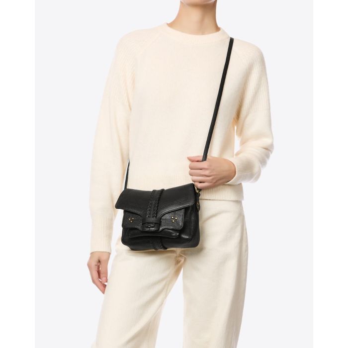 Sac Harry S Jérôme Dreyfuss en cuir noir, porté croisé.