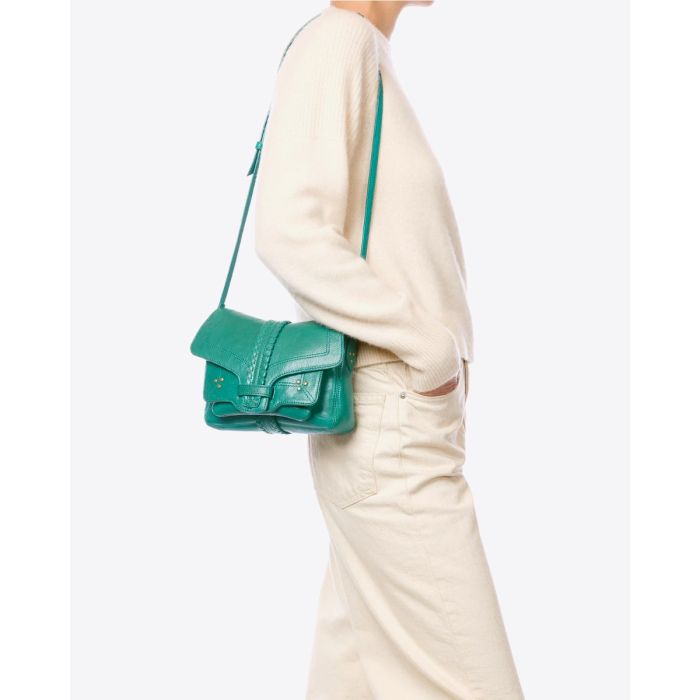 Sac Harry S Jérôme Dreyfuss en cuir de chèvre turquoise, porté à l'épaule.