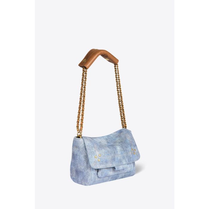 Sac Lulu S Jérôme Dreyfuss en cuir suédé jeans délavé. Vue de profil avec la bandoulière longue raccourcie.