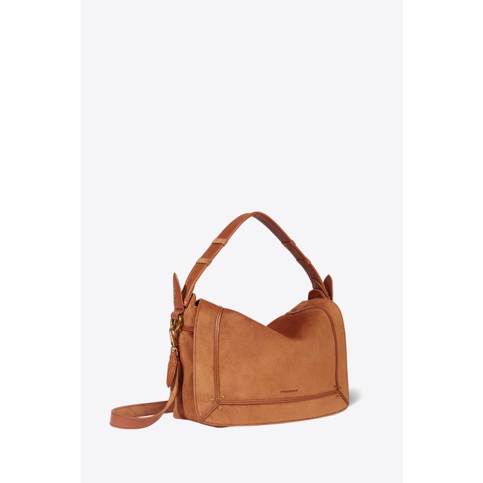 Sac Pepito M en cuir suédé caramel Jérôme Dreyfuss. Profil. Détail de la anses porté main.