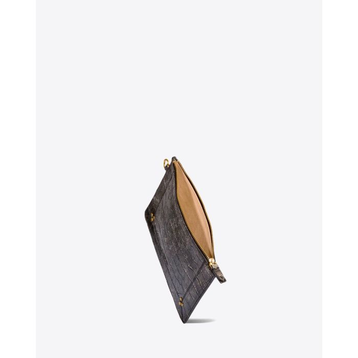 Pochette Popoche M Jérôme Dreyfuss en cuir croco grunge noir. Détail de l'intérieur.