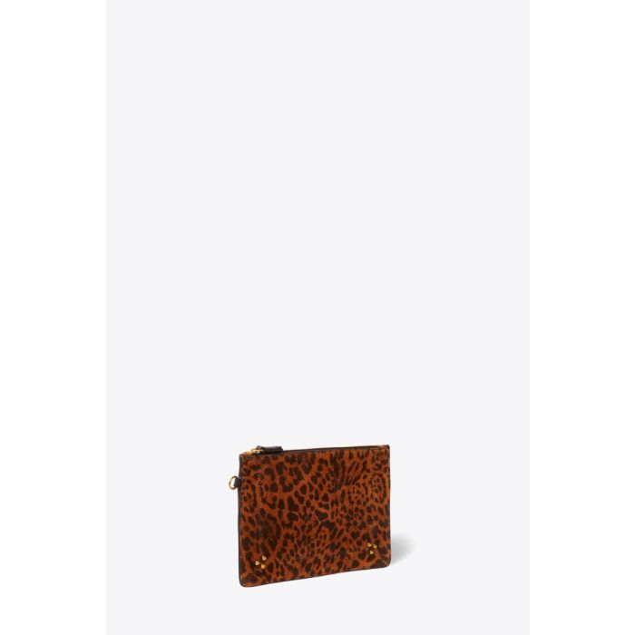 Pochette Popoche M Jérôme Dreyfuss en cuir suédé imprimé à motif de chat sauvage. Vue de profil.