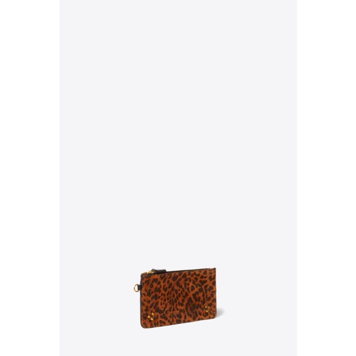 Pochette Popoche S Jérôme Dreyfuss en cuir suédé imprimé de motifs de chat sauvage. Vue de profil.