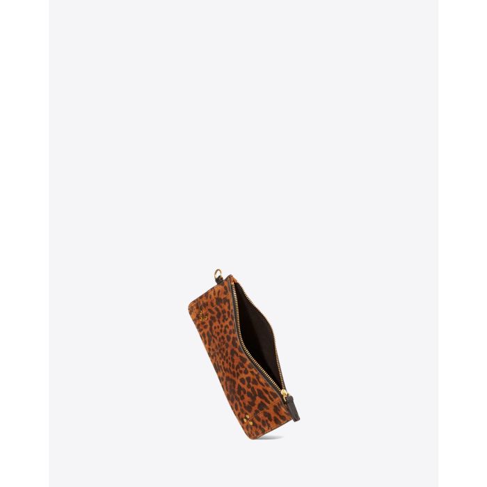 Pochette Popoche S Jérôme Dreyfuss en cuir suédé imprimé de motifs de chat sauvage. Détail de l'intérieur doublé de coton noir.