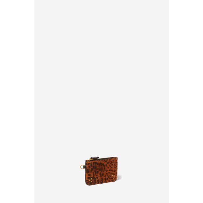 Pochette Popoche XS Jérôme Dreyfuss en cuir suédé imprimé à motif de chat sauvage. Vue de profil.