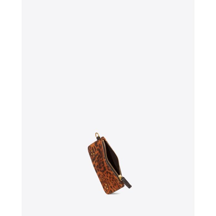 Pochette Popoche XS Jérôme Dreyfuss en cuir suédé imprimé à motif de chat sauvage. Détail de l'intérieur doublé de coton noir. 
