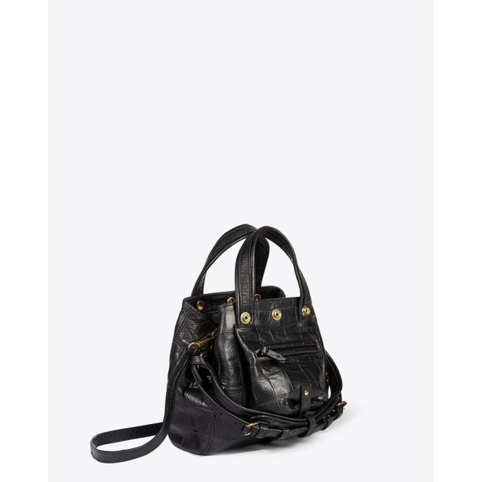 Petit sac Billy Nano Jérôme Dreyfuss en cuir croco noir. Vue profil.
