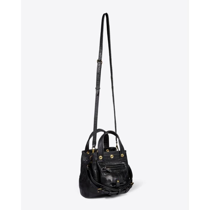 Petit sac Billy Nano Jérôme Dreyfuss en cuir croco noir. Vue profil avec bandoulière. 