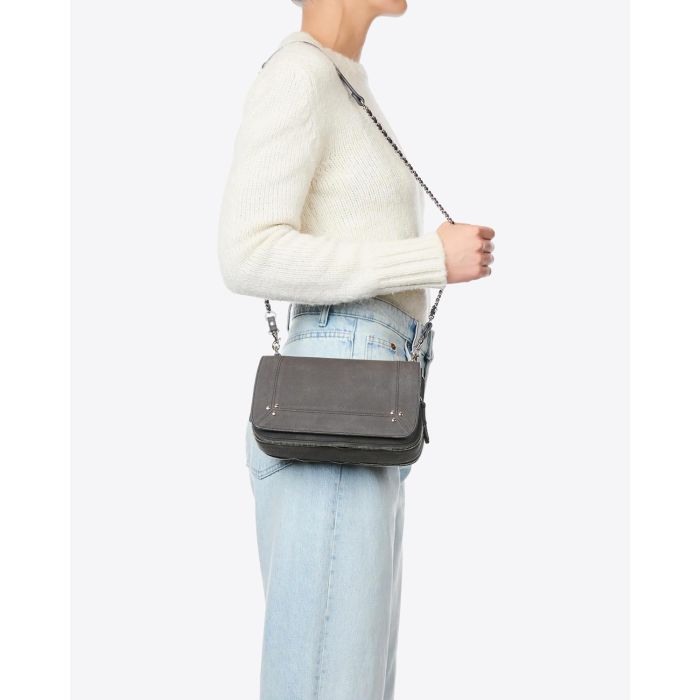 Sac Bobi Jérôme Dreyfuss en cuir anthracite. Porté à l'époque avec la bandoulière. 
