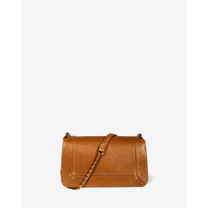 Sac Bobi Jérôme Dreyfuss en cuir d'agneau camel. Détail de la bandoulière tressée chaîne et cuir. 