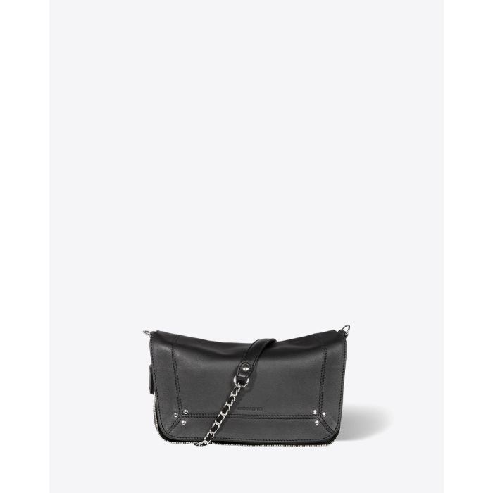 Mini-sac en cuir noir finition argent bandoulière chaine Bobi S Jérôme Dreyfuss. Profil. Détail de la bandoulière tressée chaine et cuir. 