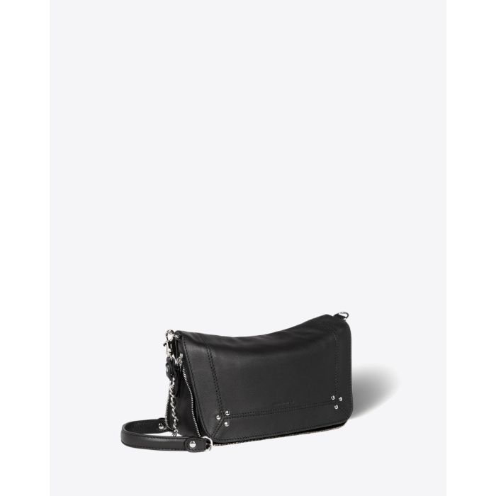 Mini-sac en cuir noir finition argent bandoulière chaine Bobi S Jérôme Dreyfuss. Profil. Détail Zippé sur les côtés