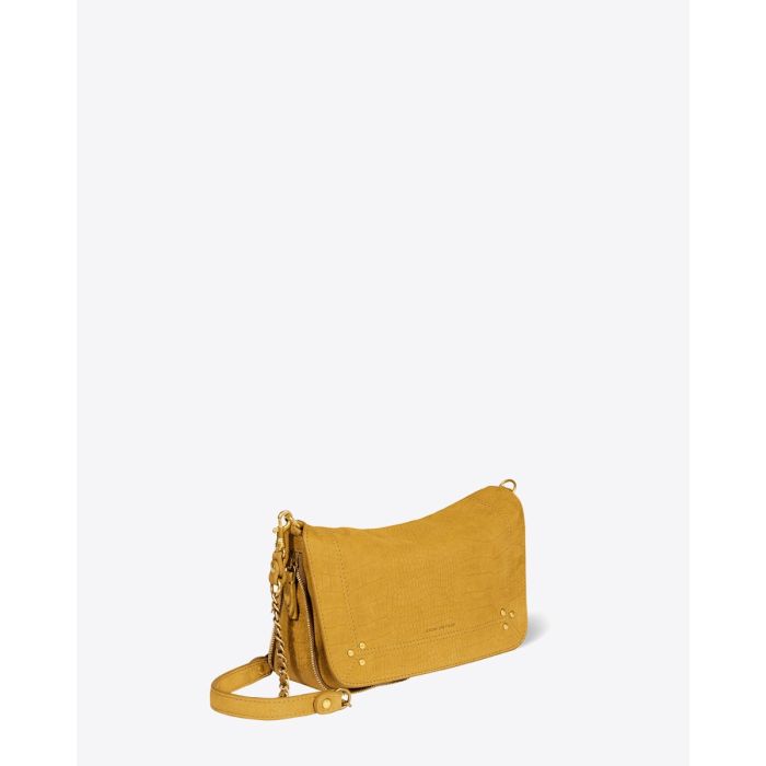 Sac Bobi S Jérôme Dreyfuss en cuir de taurillon imprimé croco moutarde. Vue de profil.