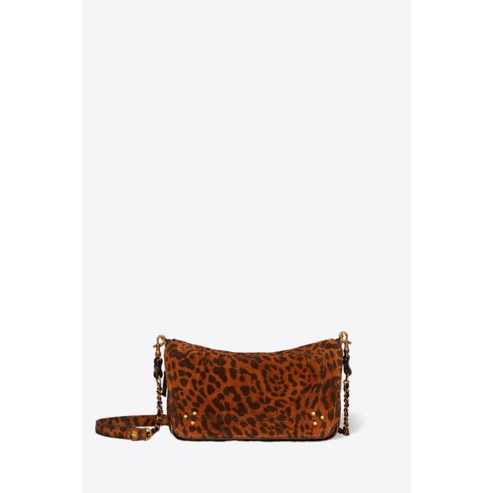 Sac Bobi S Jérôme Dreyfuss en cuir suédé imprimé à motif de chat sauvage. Vue de face.