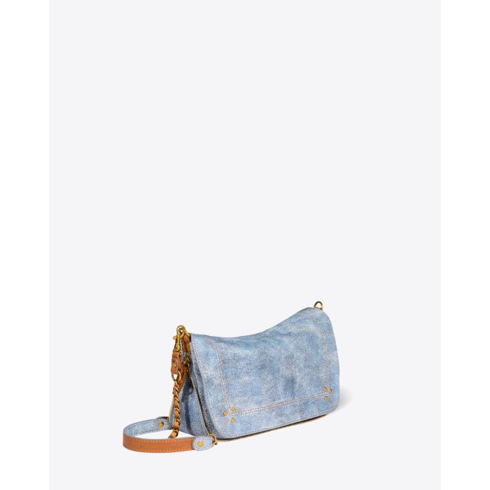 Sac Bobi S Jérôme Dreyfuss en cuir suédé effet jean délavé. Vue de profil.