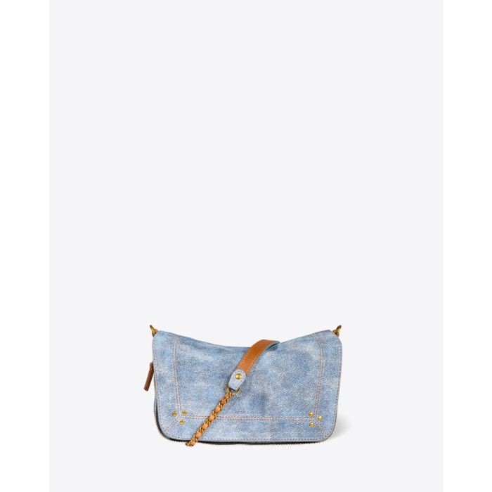 Sac Bobi S Jérôme Dreyfuss en cuir suédé effet jean délavé. Détail de la bandoulière chaîne tressée de cuir.