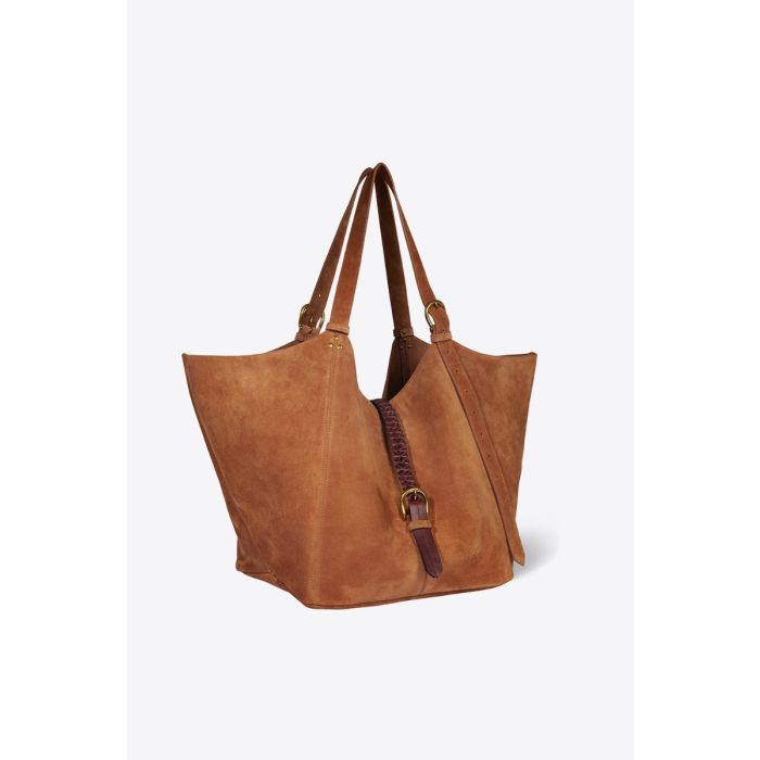 Sac cabas Joseph M Jérôme Dreyfuss en cuir suédé caramel. Vue de profil.