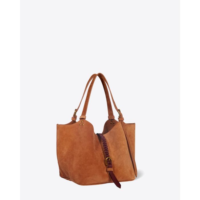 Sac cabas Joseph S Jérôme Dreyfuss en cuir suédé caramel. Vue de profil.