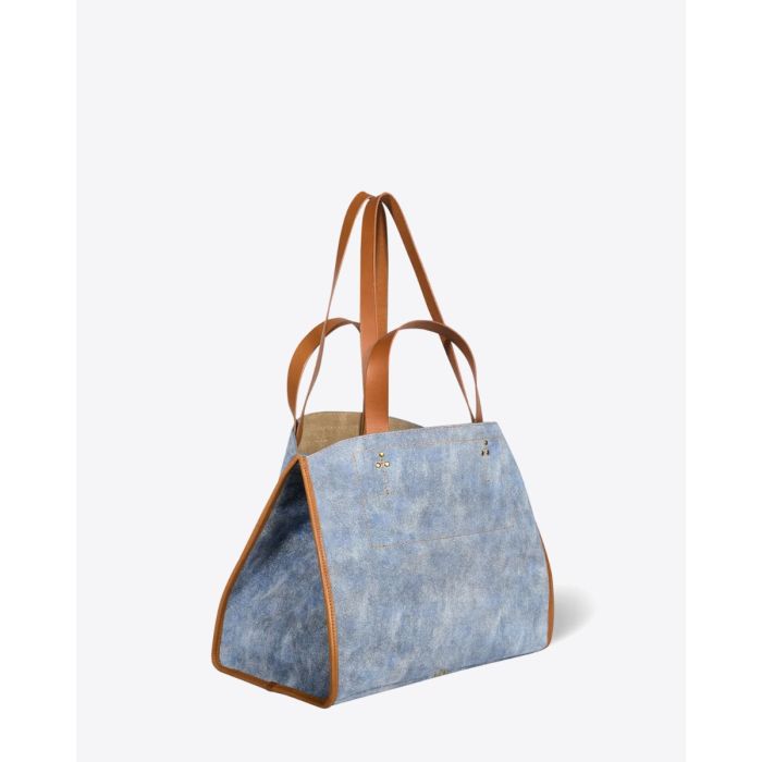 Sac cabas Léon M Jérôme Dreyfuss en cuir suédé jean délavé. Vue de profil.