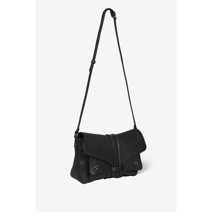 Sac Harry M Jérôme Dreyfuss en cuir noir. Vue avec une bandoulière longue.