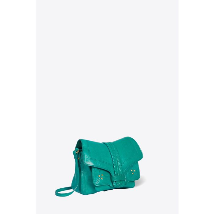 Sac Harry S Jérôme Dreyfuss en cuir de chèvre turquoise. Vue de profil.