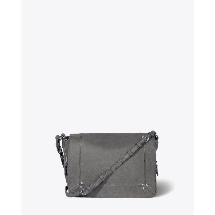 Sac besace Igor Jérôme Dreyfuss en cuir anthracite. Vue face.
