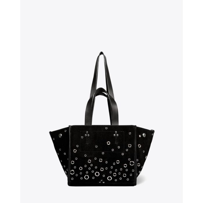 Sac mini-cabas Léon S Jérôme Dreyfuss en cuir suédé noir avec des incrustations d'oeillets en métal argenté. Vue de face avec les deux poignées longues pour un porté à l'épaule et les deux poignées courtes pour un porté à la main. 