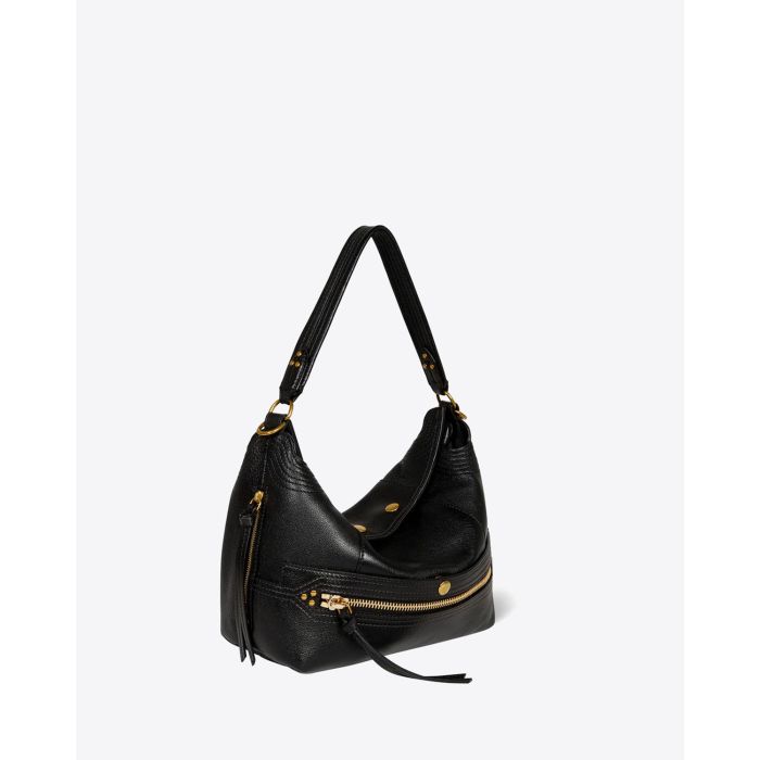 Sac Hobo Lucky Hobo Jérôme Dreyfuss en cuir noir brass. Vue profil.