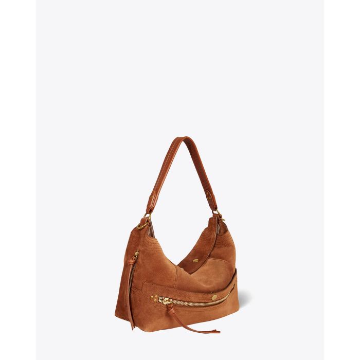 Sac Lucky Hobo Jérôme Dreyfuss en cuir suédé marron. Vue profil.