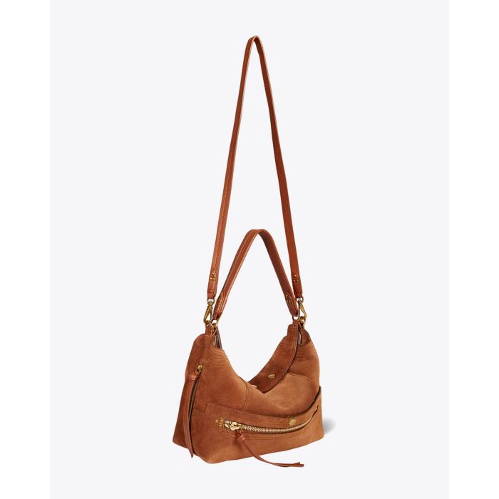 Sac Lucky Hobo Jérôme Dreyfuss en cuir suédé marron. Vue profil.