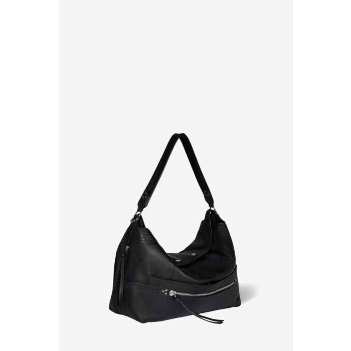 Sac Lucky Hobo large Jérôme Dreyfuss en cuir de buffle noir finition métal argenté. Vue de profil.