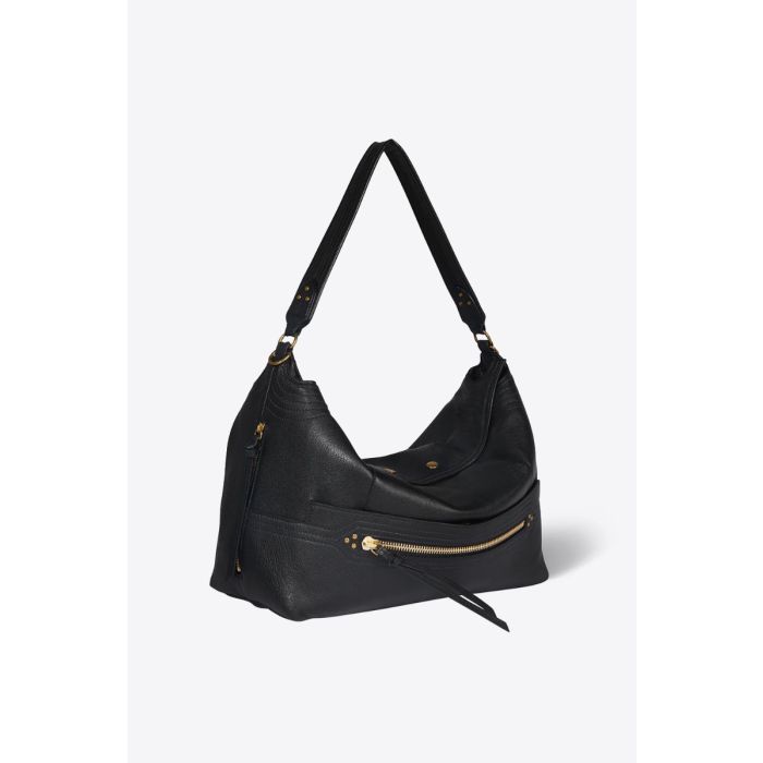 Sac Lucky Hobo Large Jérôme Dreyfuss en cuir de buffle noir brass. Vue de profil.
