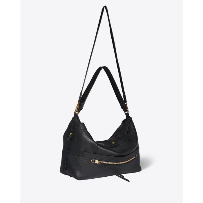 Sac Lucky Hobo Large Jérôme Dreyfuss en cuir de buffle noir brass. Détail de la grande bandoulière amovible.